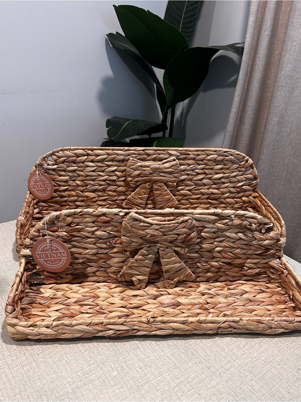 Set of 2 Woven Water Hyacinth Floating Shelves with Bow Accent Boho Wall Decor